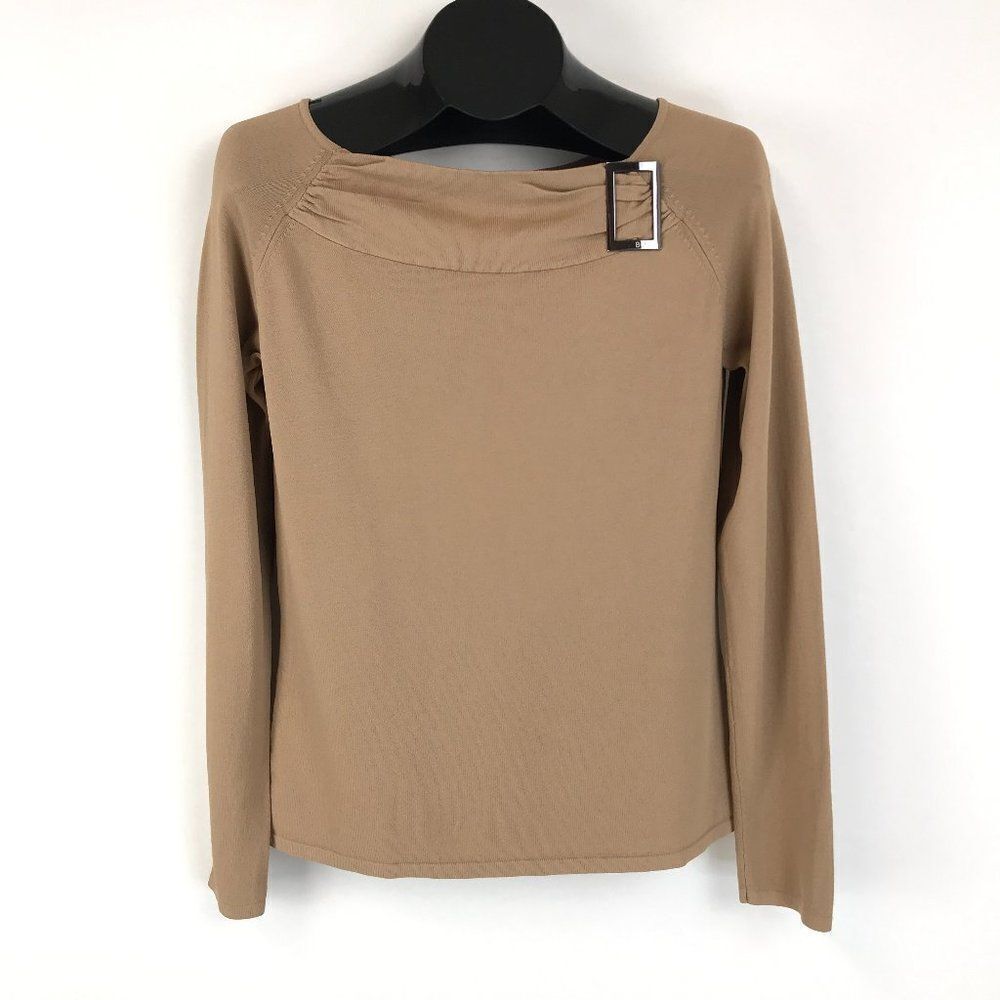 BCBGMaxAzria Boat Neck Sweater Women's Large Pullover Tan Buckle Stretch Knit